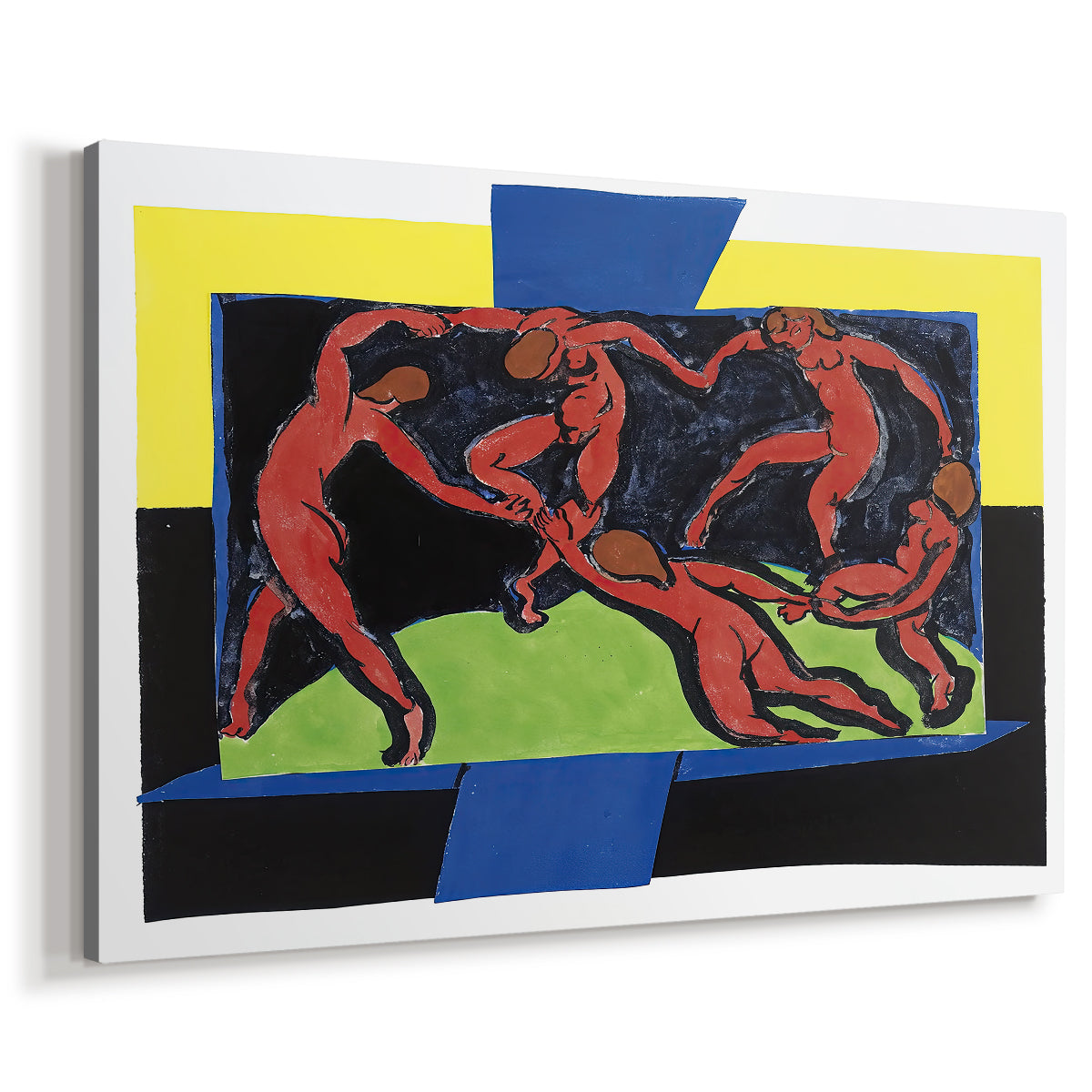 Canvas art print featuring an expressive scene of dancers forming ring with simplified forms, displayed at an angle