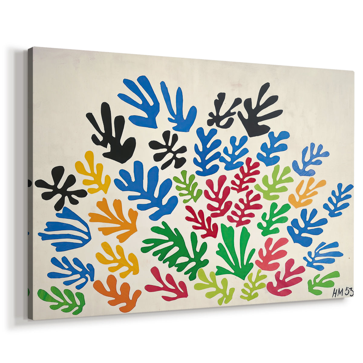 Canvas art print featuring a modernist cut-out composition with botanical forms, displayed at an angle