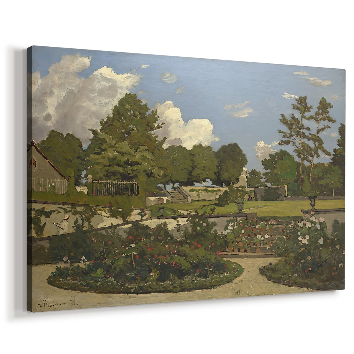 Canvas art print featuring a French countryside garden with greenery and reflections, displayed at an angle