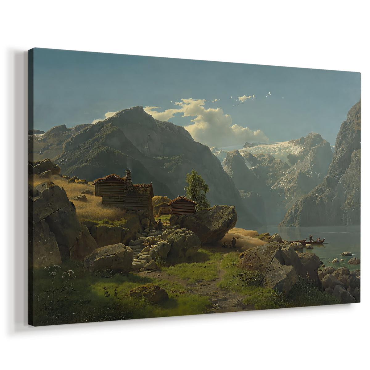 Canvas art print featuring a scenic Norwegian fjord with village and surrounding peaks, displayed at an angle