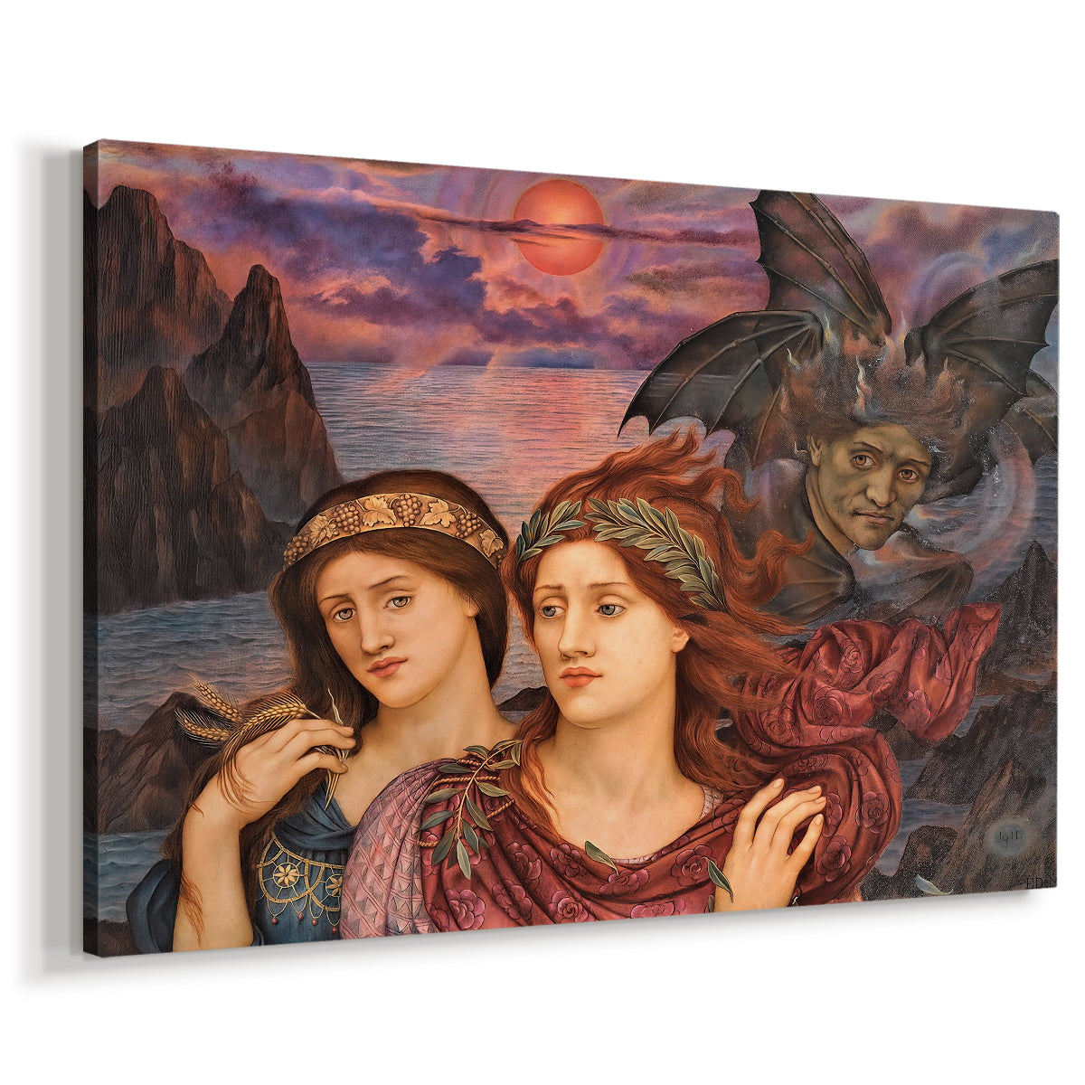 Canvas art print featuring a symbolic portrait of women framed by colorful atmospheric background, displayed at an angle