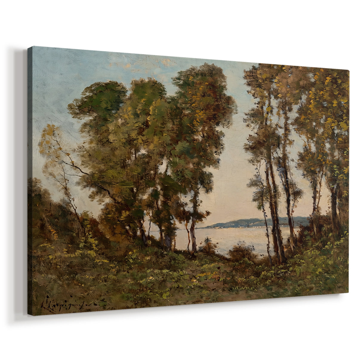 Canvas art print featuring a pastoral river scene with foliage along shoreline, displayed at an angle