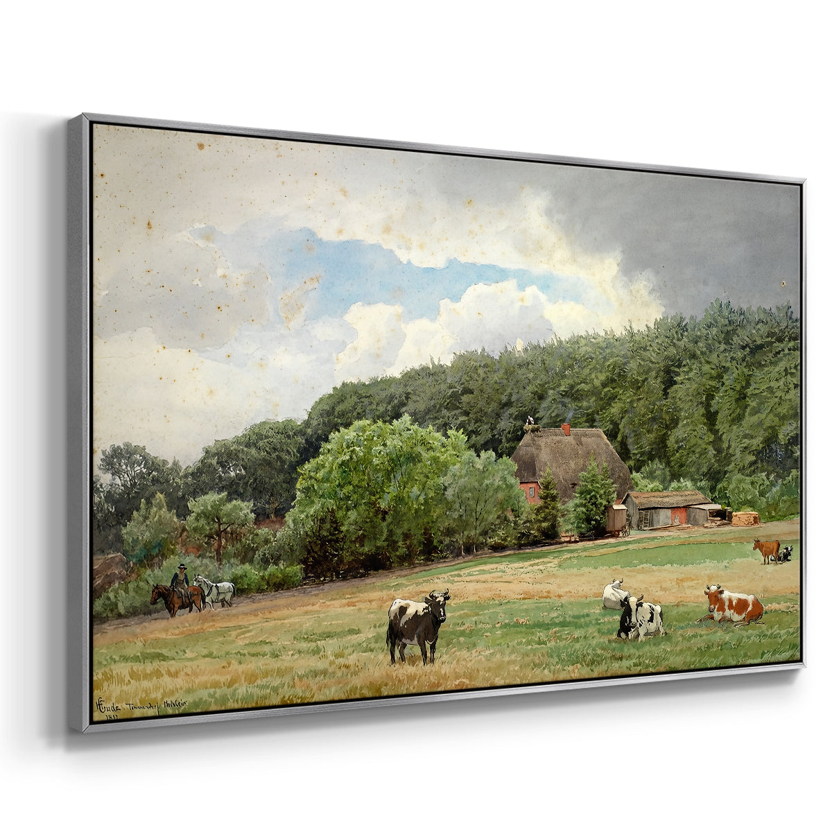 Farm with Grazing Cows (Bondegård med beitende kuer), 1892 - Floater Framed Canvas Print