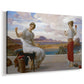 Canvas art print featuring two women engaged in textile work with draped garments, displayed at an angle