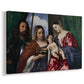 Canvas art print featuring a religious group scene with sacred figures gathered around mother and child, displayed at an angle