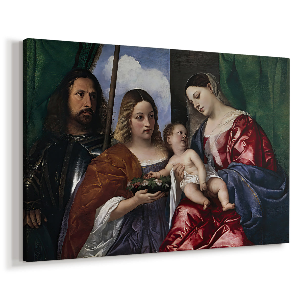 Canvas art print featuring a religious group scene with sacred figures gathered around mother and child, displayed at an angle