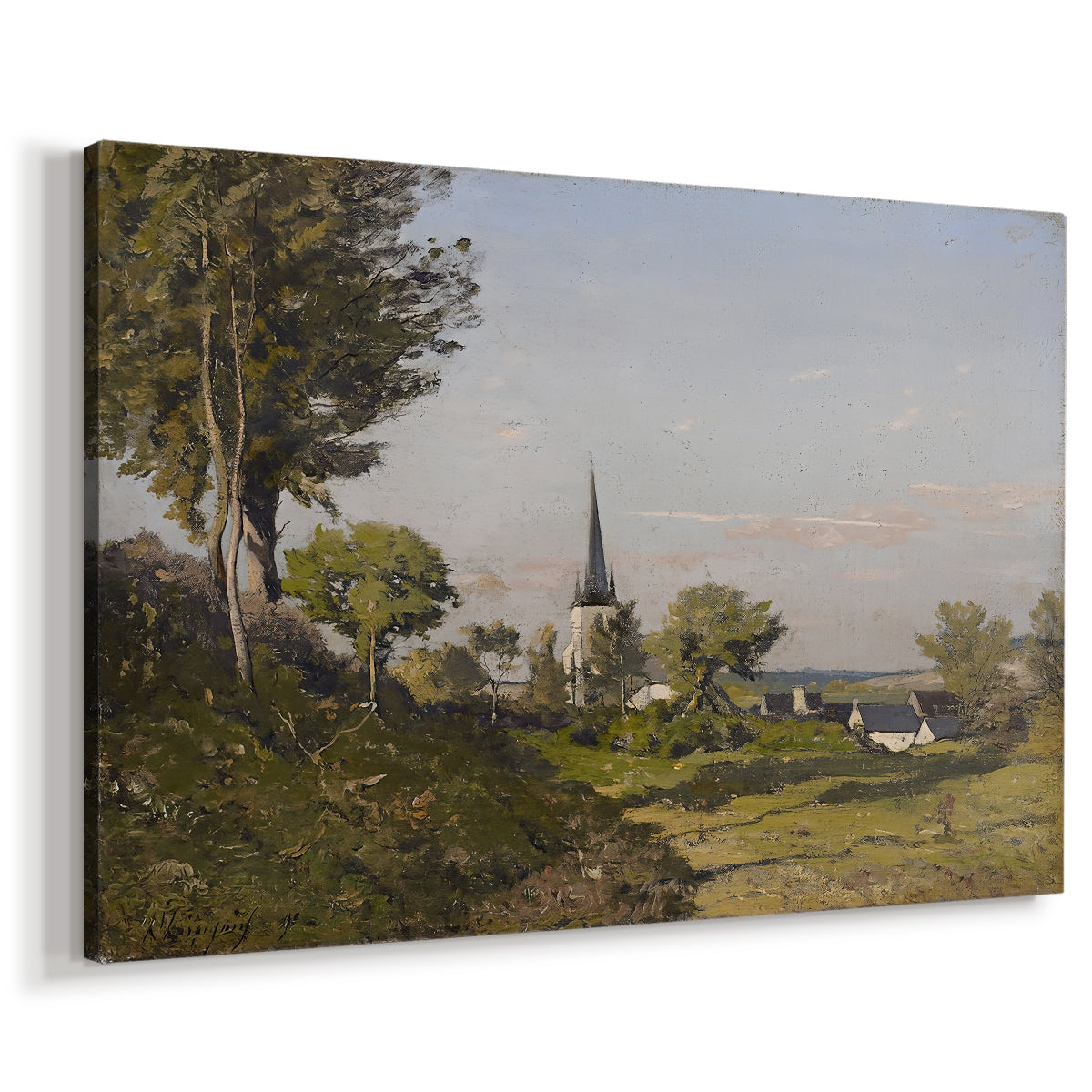 Canvas art print featuring a countryside scene featuring church building and greenery, displayed at an angle