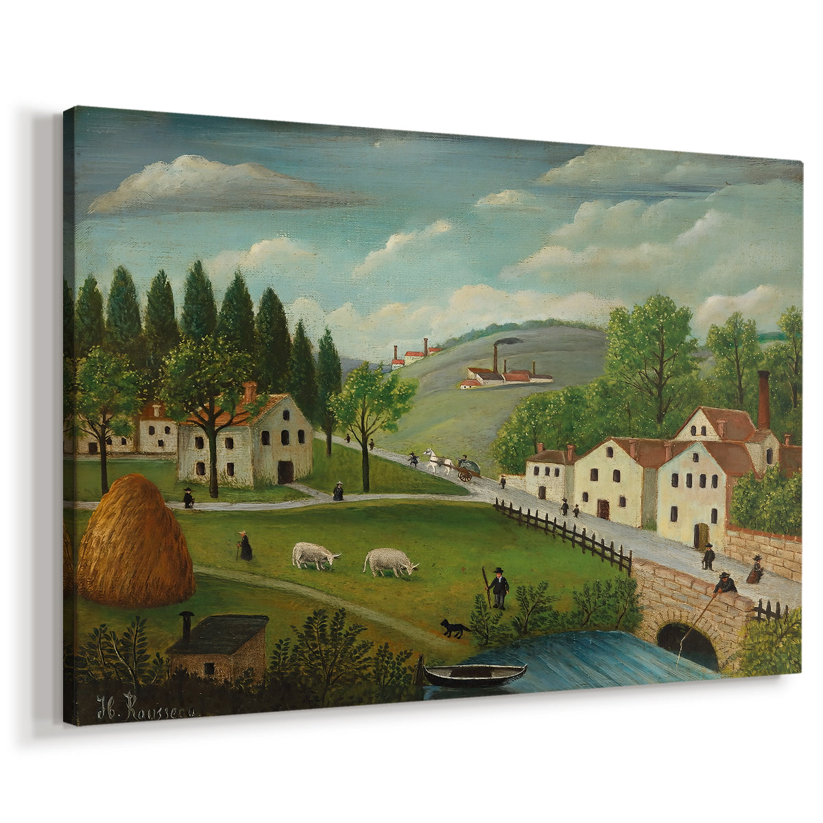 Canvas art print featuring a countryside scene with people along riverbank, displayed at an angle