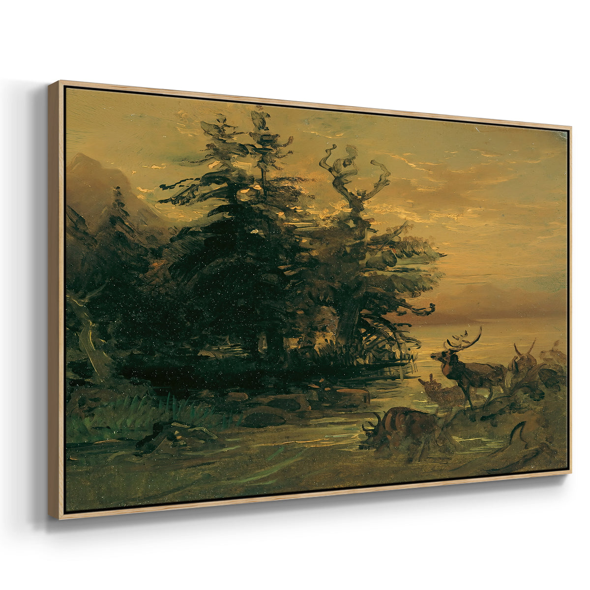 Wallowing Deer on the Shore of a Mountain Lake, c. 1850 - Floater Framed Canvas Print
