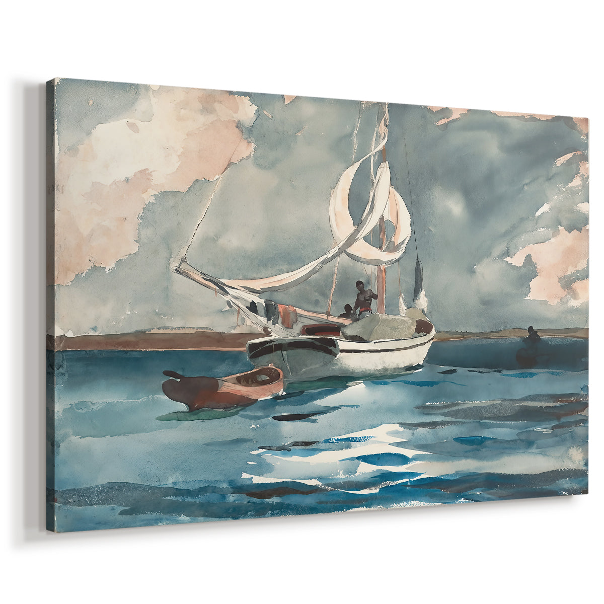 Canvas art print featuring a nautical scene with white sail cutting across calm sea, displayed at an angle