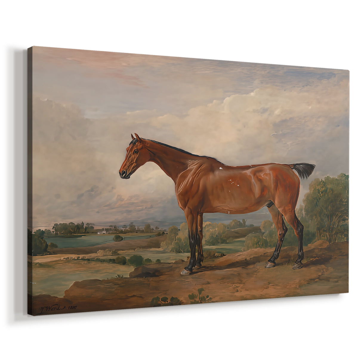 Canvas art print featuring a countryside hunting scene with rider on horseback, displayed at an angle