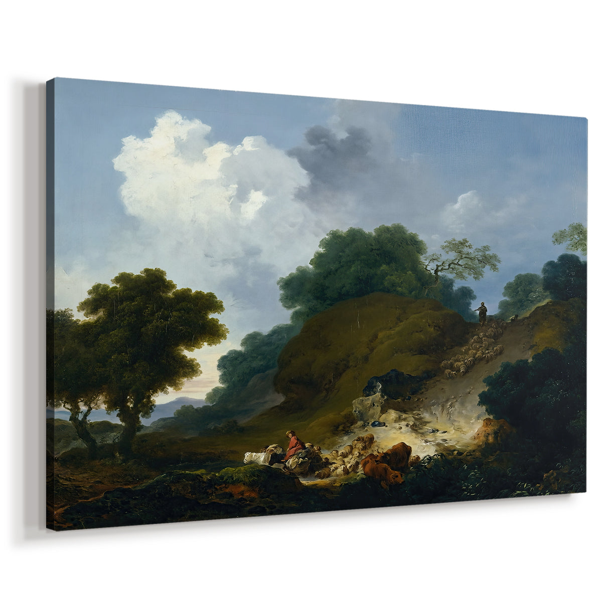 Canvas art print featuring a rural countryside scene with figures guiding animals, displayed at an angle