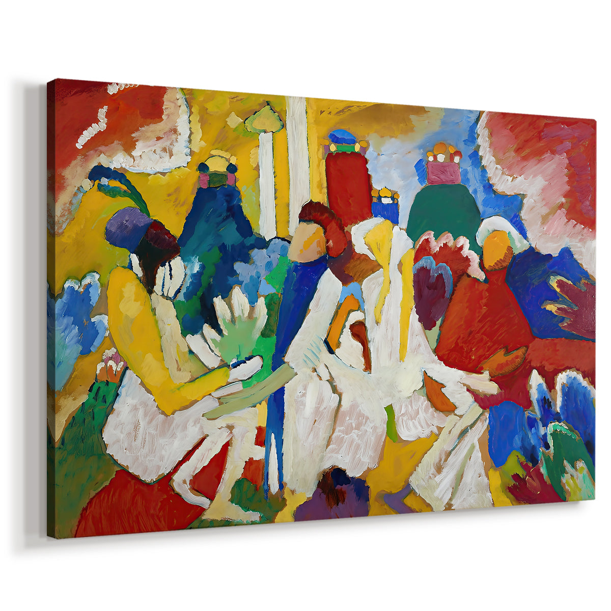 Canvas art print featuring an expressive scene with vibrant tones and loosely defined forms, displayed at an angle