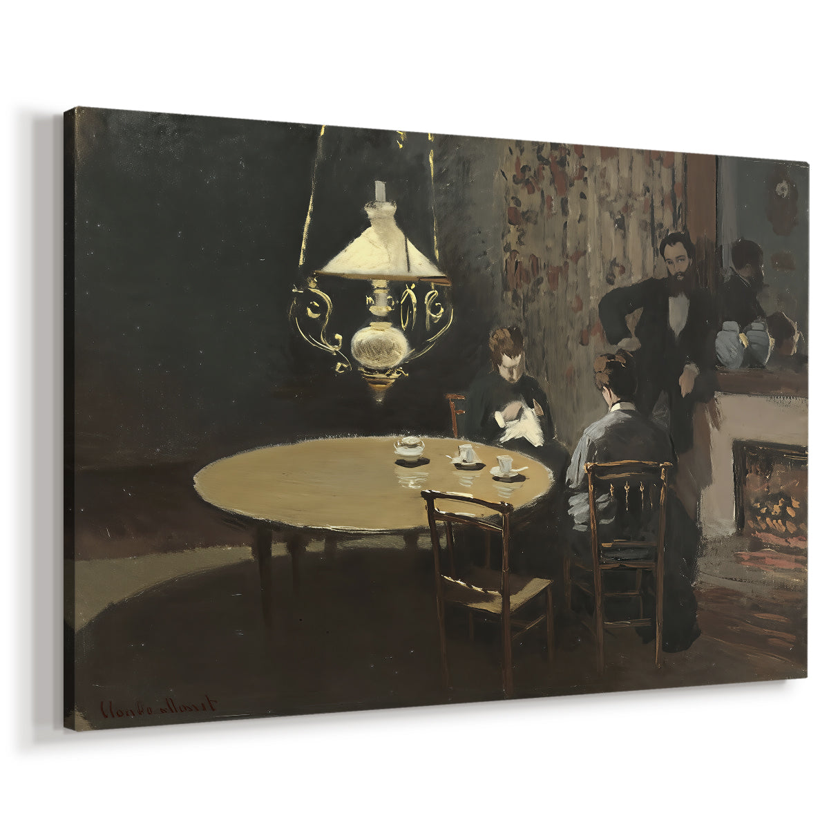 Canvas art print featuring a quiet domestic scene with lamp-lit table and subdued atmosphere, displayed at an angle