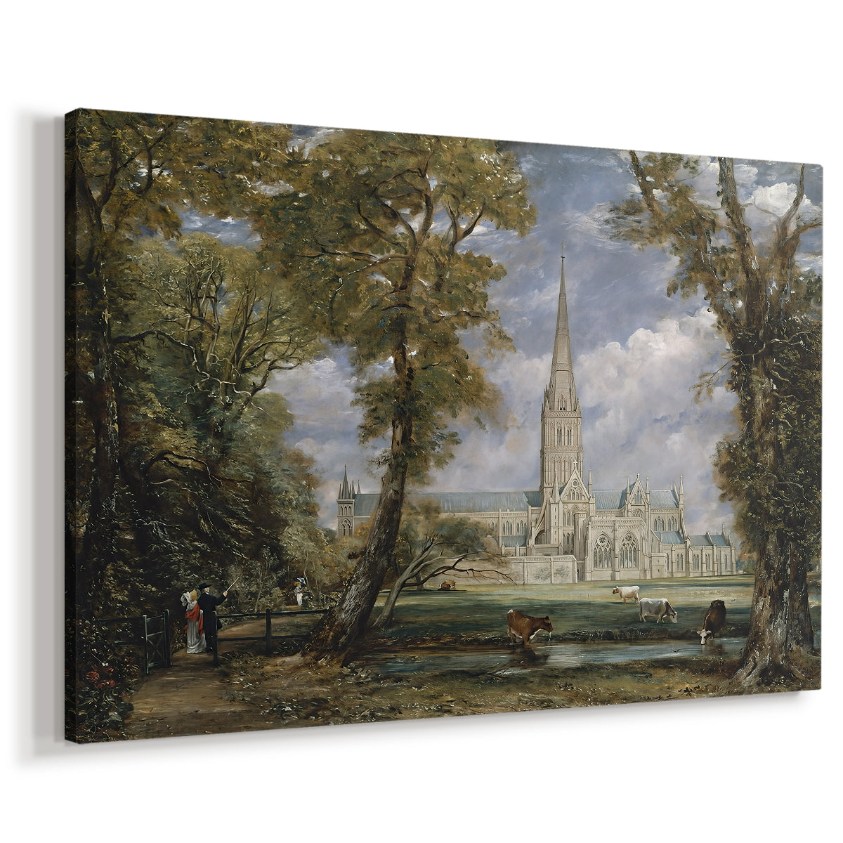 Canvas art print featuring an architectural landmark in countryside, displayed at an angle