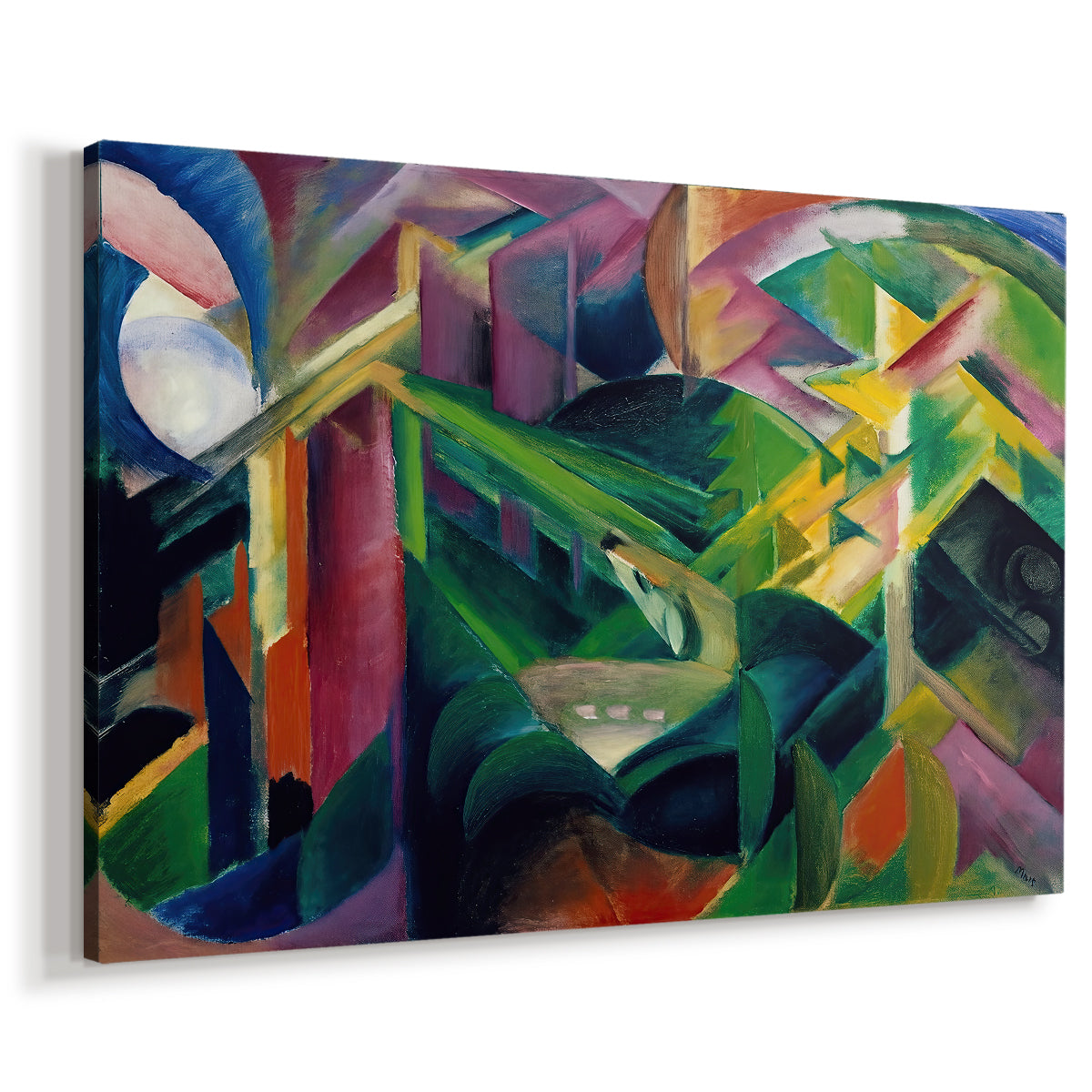Canvas art print featuring an expressionist animals placed in structured, colorful environment, displayed at an angle