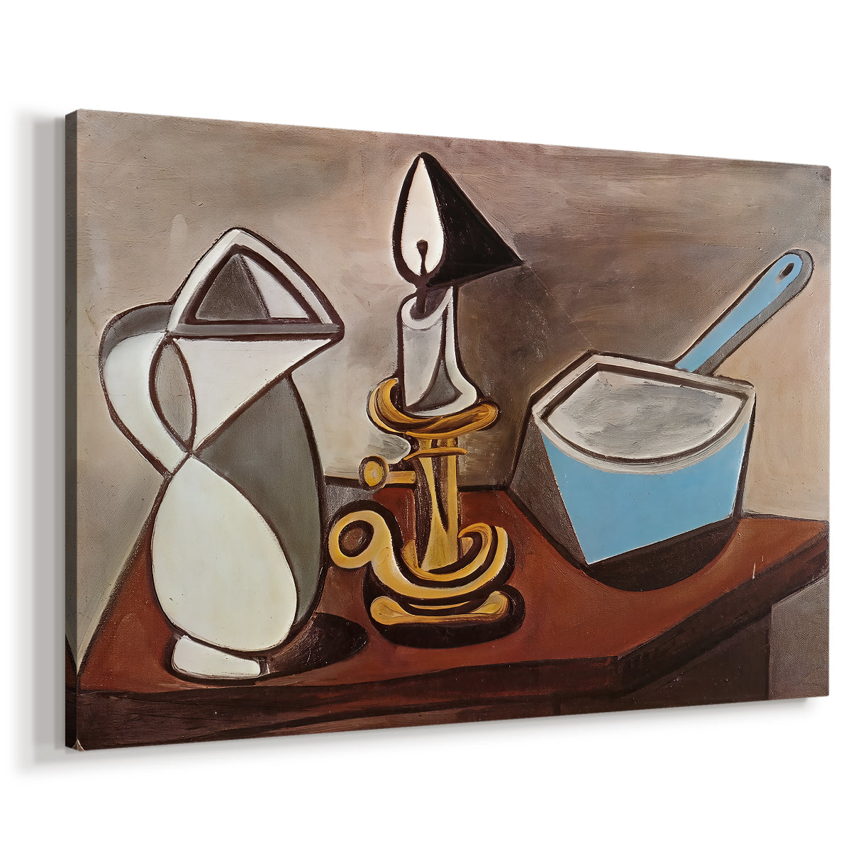 Canvas art print featuring a geometric still life with layered objects, displayed at an angle