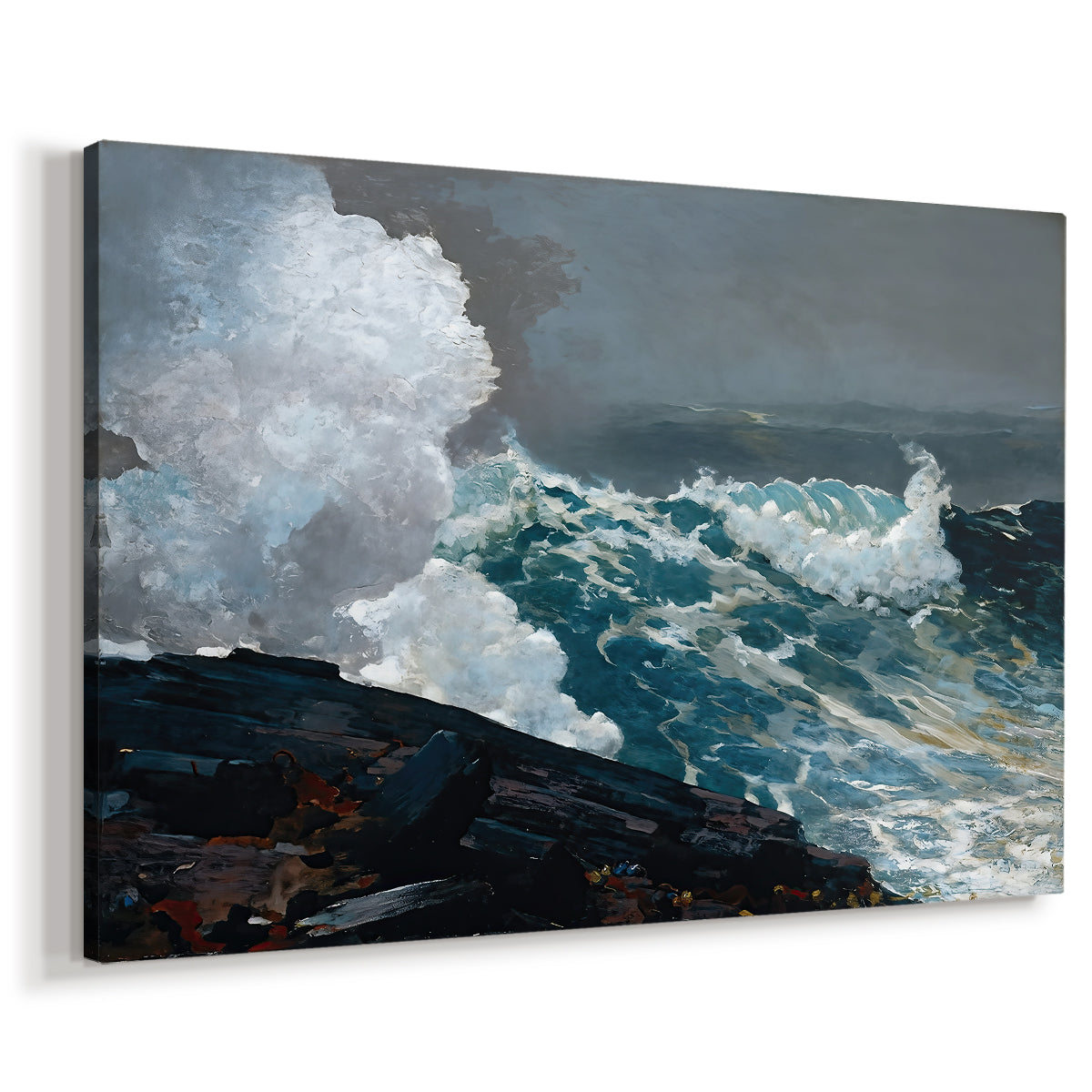 Canvas art print featuring a dramatic ocean scene with turbulent water and spray, displayed at an angle