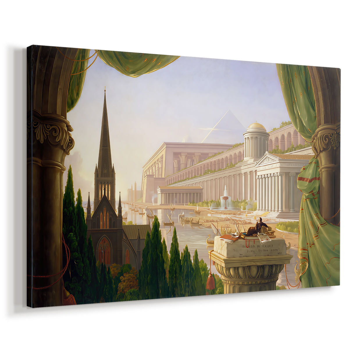 Canvas art print featuring a grand architectural fantasy with multiple historical structures in unified composition, displayed at an angle