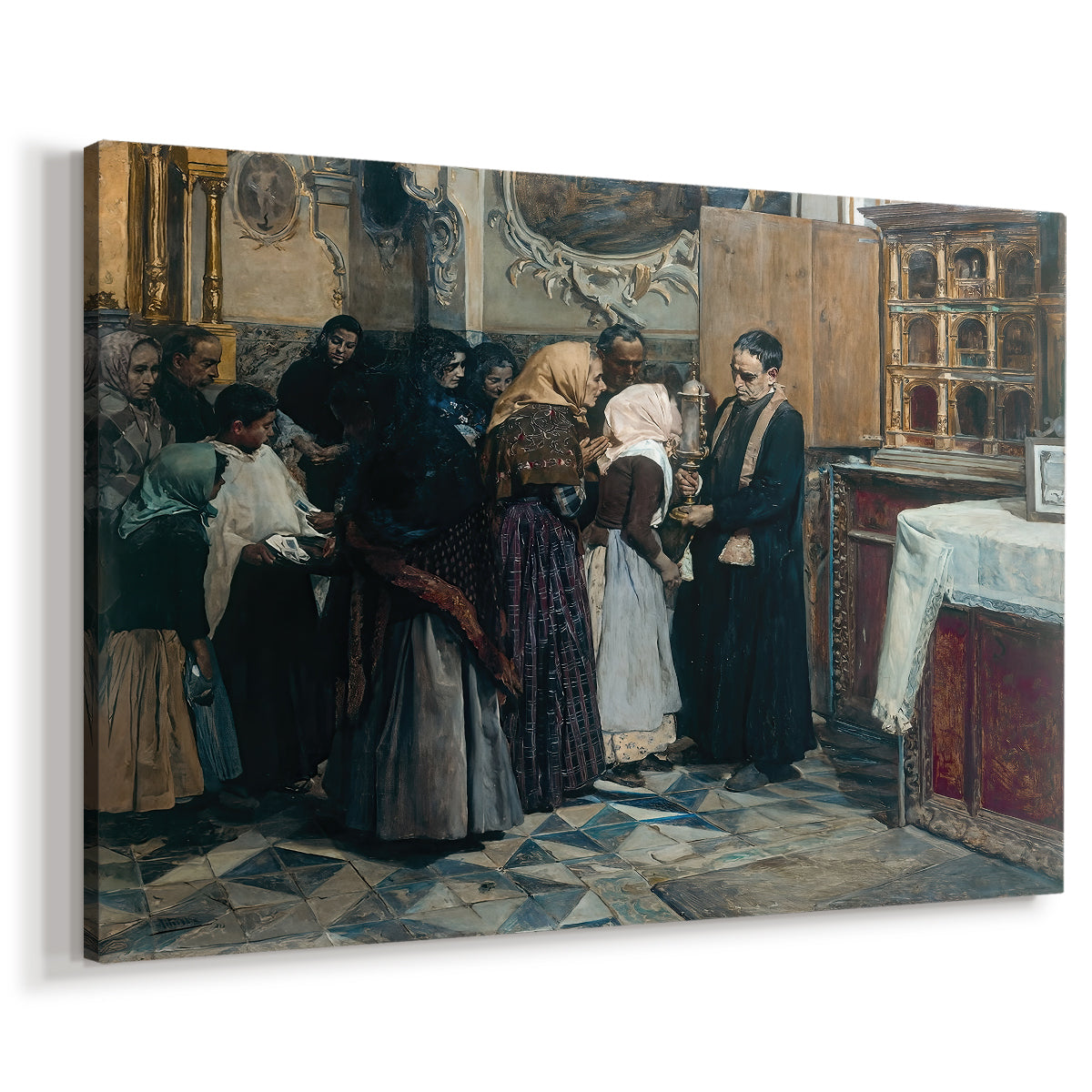 Canvas art print featuring a devotional scene with people participating in ritual, displayed at an angle