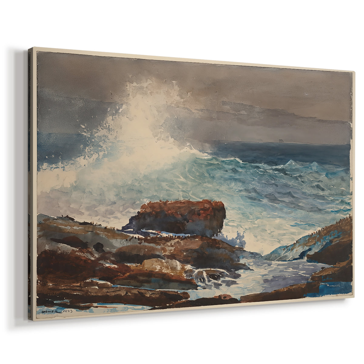 Canvas art print featuring a coastal scene showing water advancing toward land, displayed at an angle