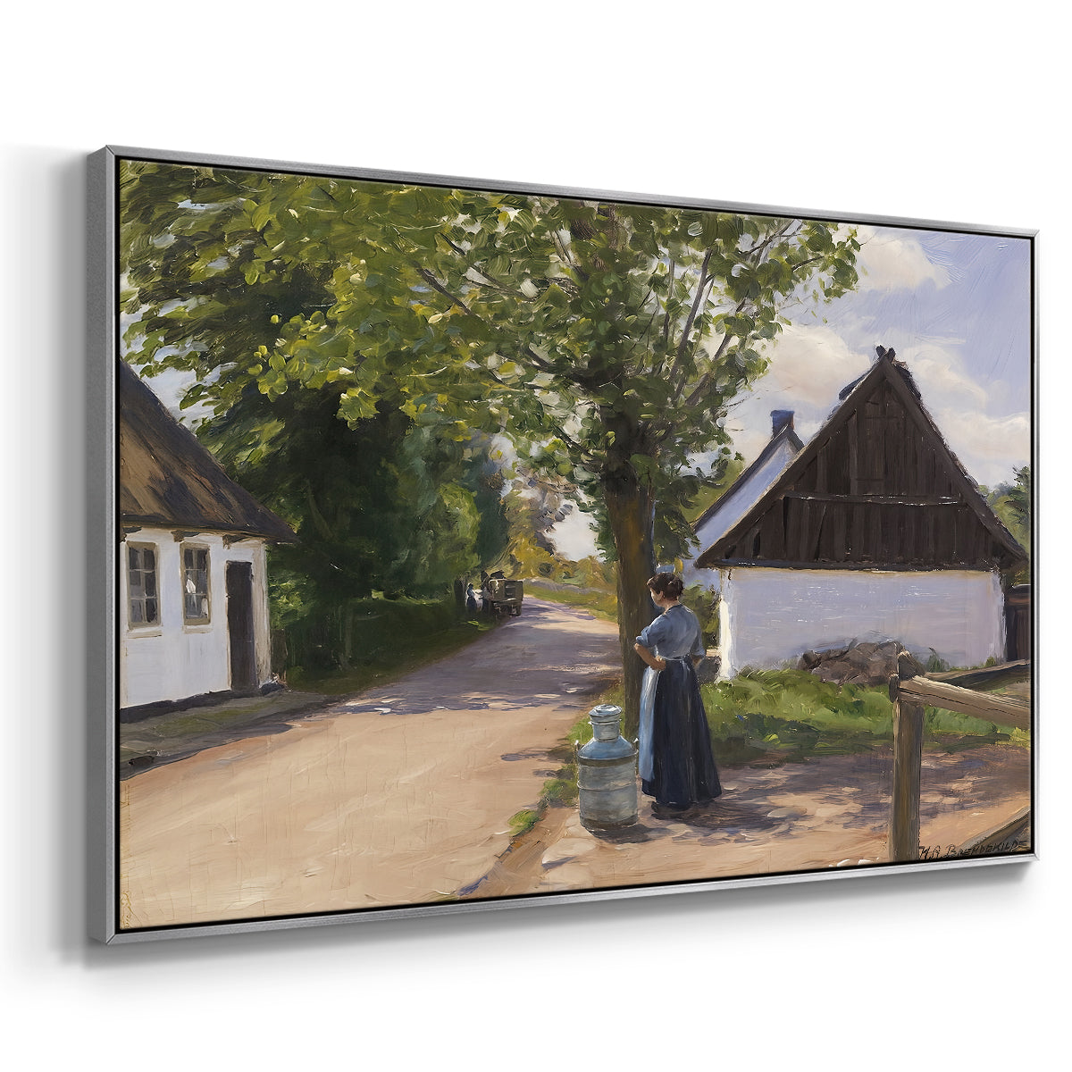 Danish Village Street with Woman and Milkman, 1880 - Floater Framed Canvas Print