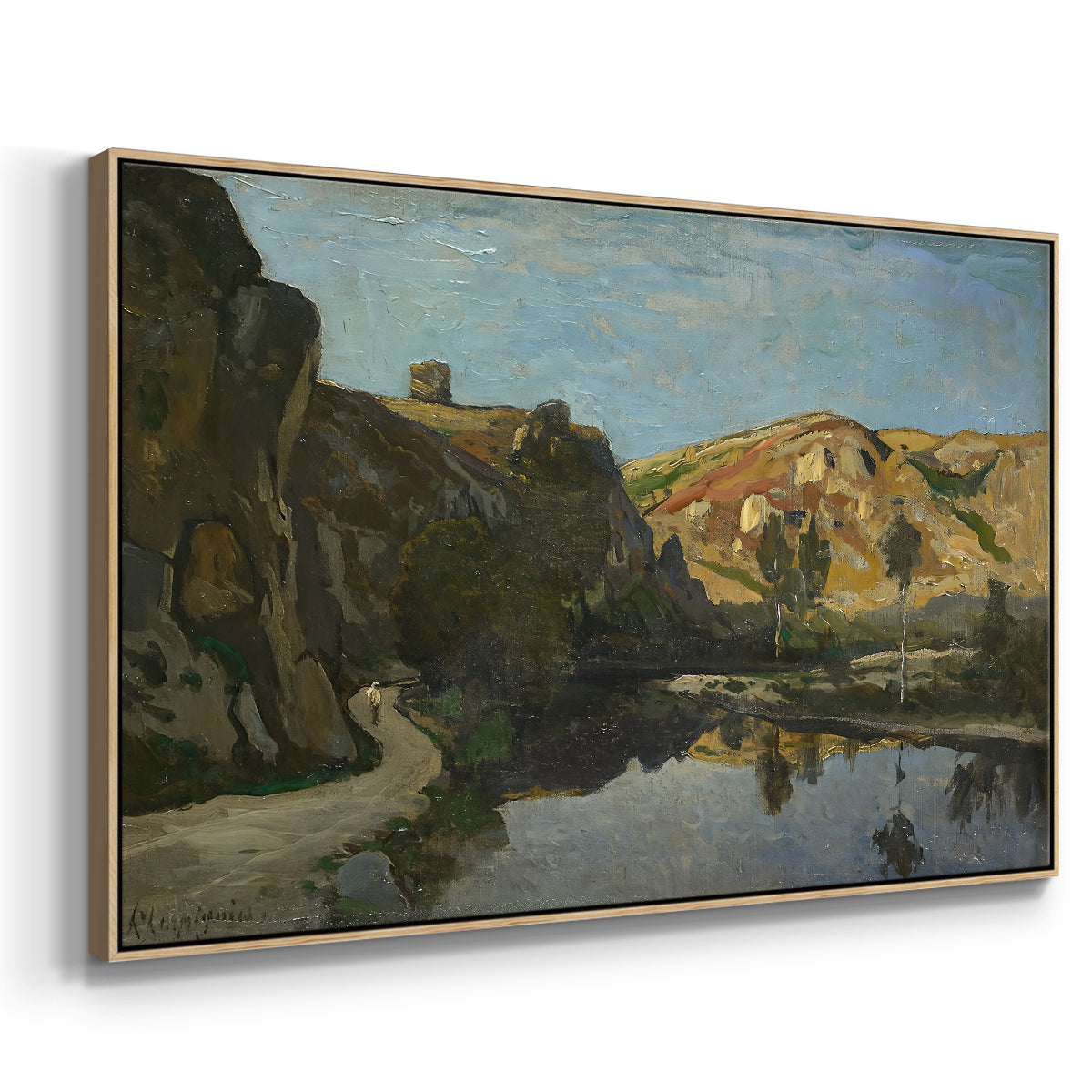 River Landscape with Cliffs, c. 1850-1860 - Floater Framed Canvas Print
