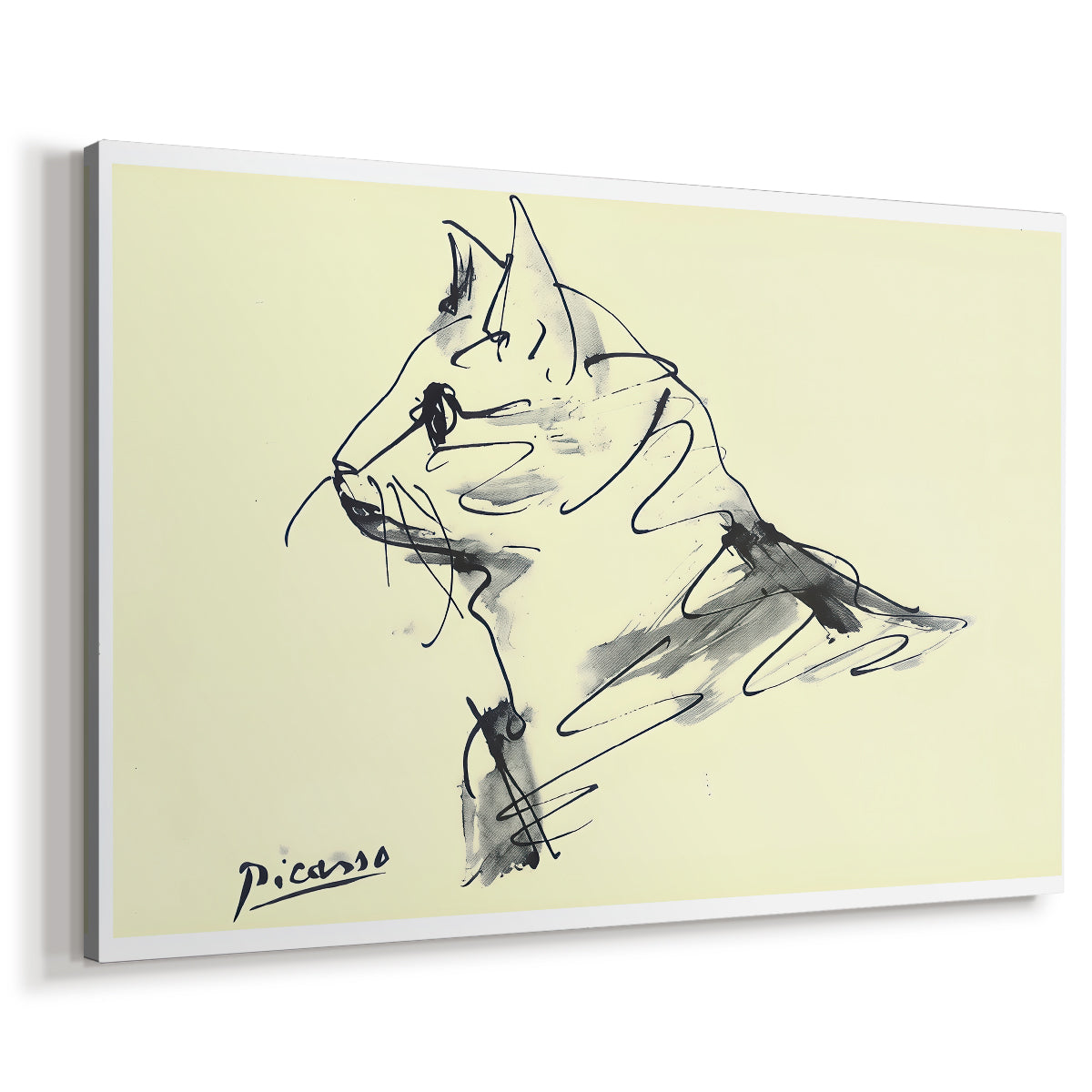 Canvas art print featuring a sketch-style feline depiction, displayed at an angle