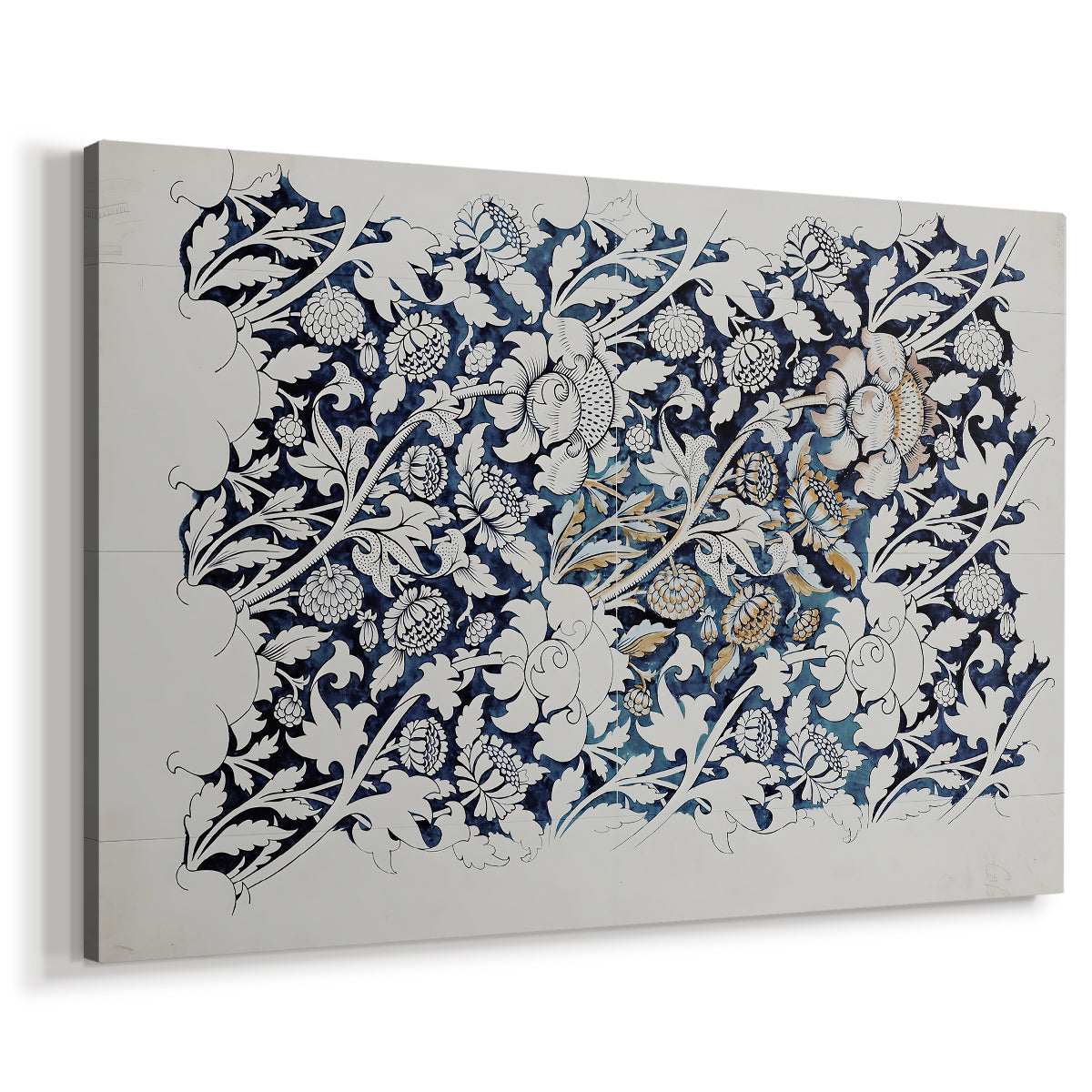 Canvas art print featuring a textile pattern with organic vine movement and spaced flowers, displayed at an angle