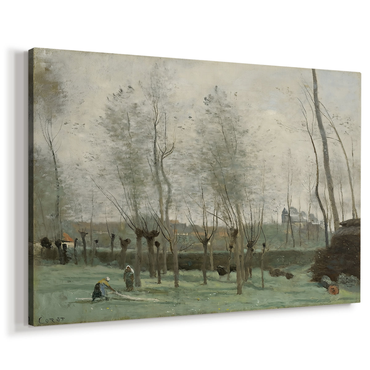 Canvas art print featuring a pastoral scene with figures working near riverbank, displayed at an angle