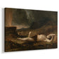 Canvas art print featuring a lifeless figure lying in barren landscape under somber sky, displayed at an angle