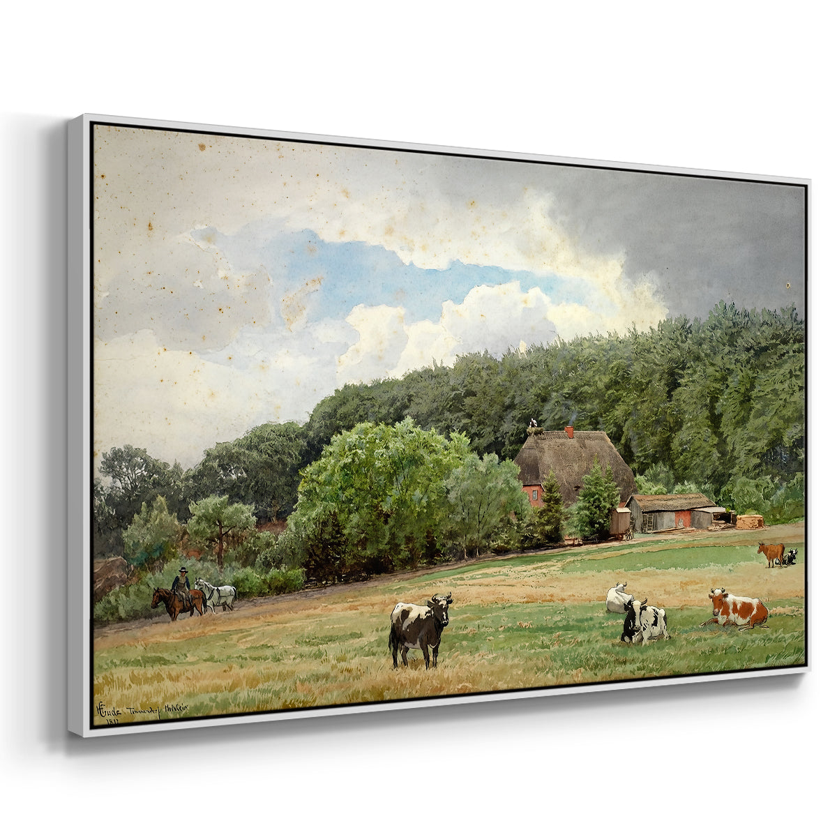 Farm with Grazing Cows (Bondegård med beitende kuer), 1892 - Floater Framed Canvas Print