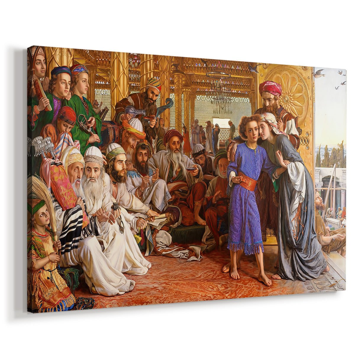 Canvas art print featuring a crowded temple scene with figures in robes surrounding central figure, displayed at an angle