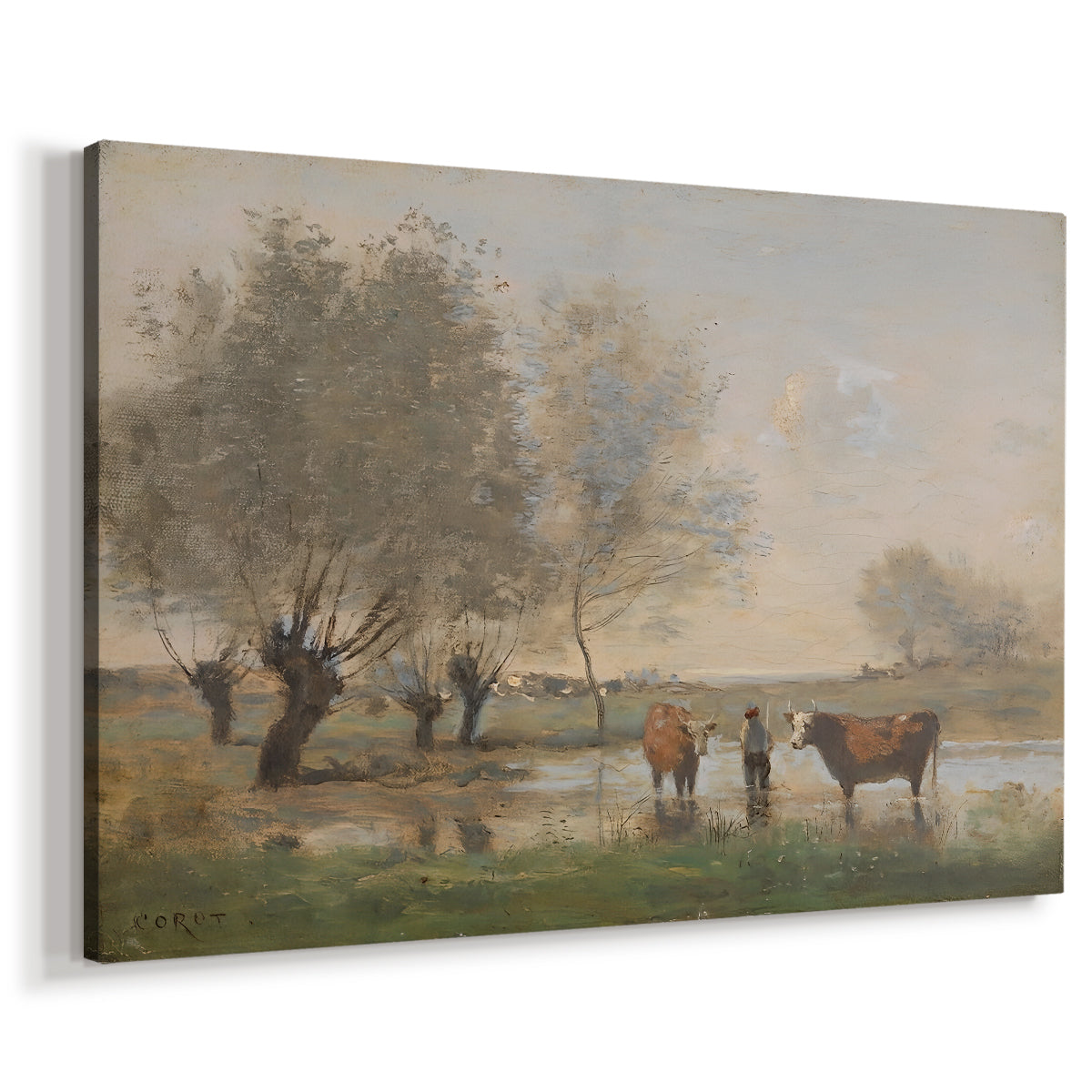 Canvas art print featuring a pastoral scene with livestock in marshy terrain, displayed at an angle