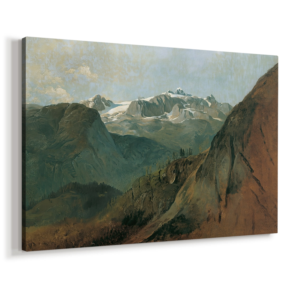 Canvas art print featuring an alpine scene with elevation, displayed at an angle