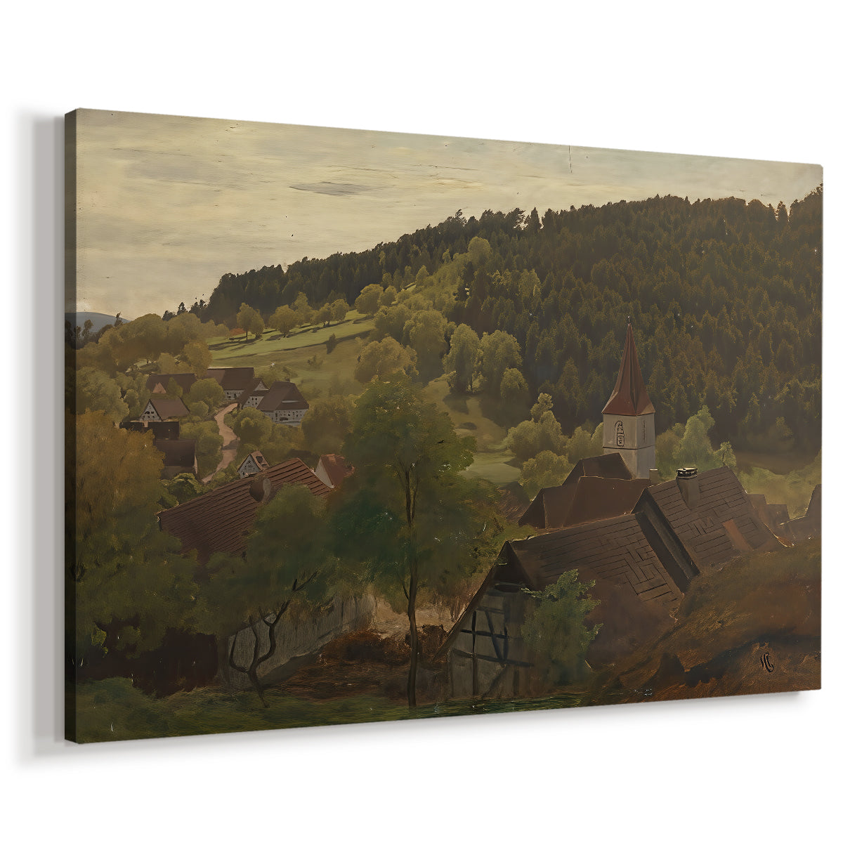 Canvas art print featuring a panoramic countryside with rolling terrain and trees, displayed at an angle