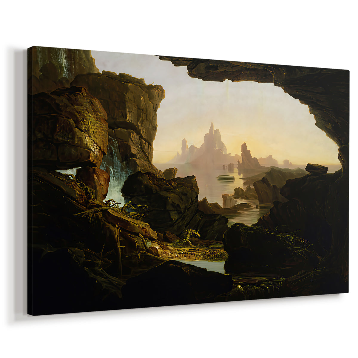 Canvas art print featuring a receding floodwaters revealing landscape with figures and debris, displayed at an angle
