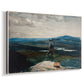 Canvas art print featuring an outdoor scene with person navigating boat across lake, displayed at an angle