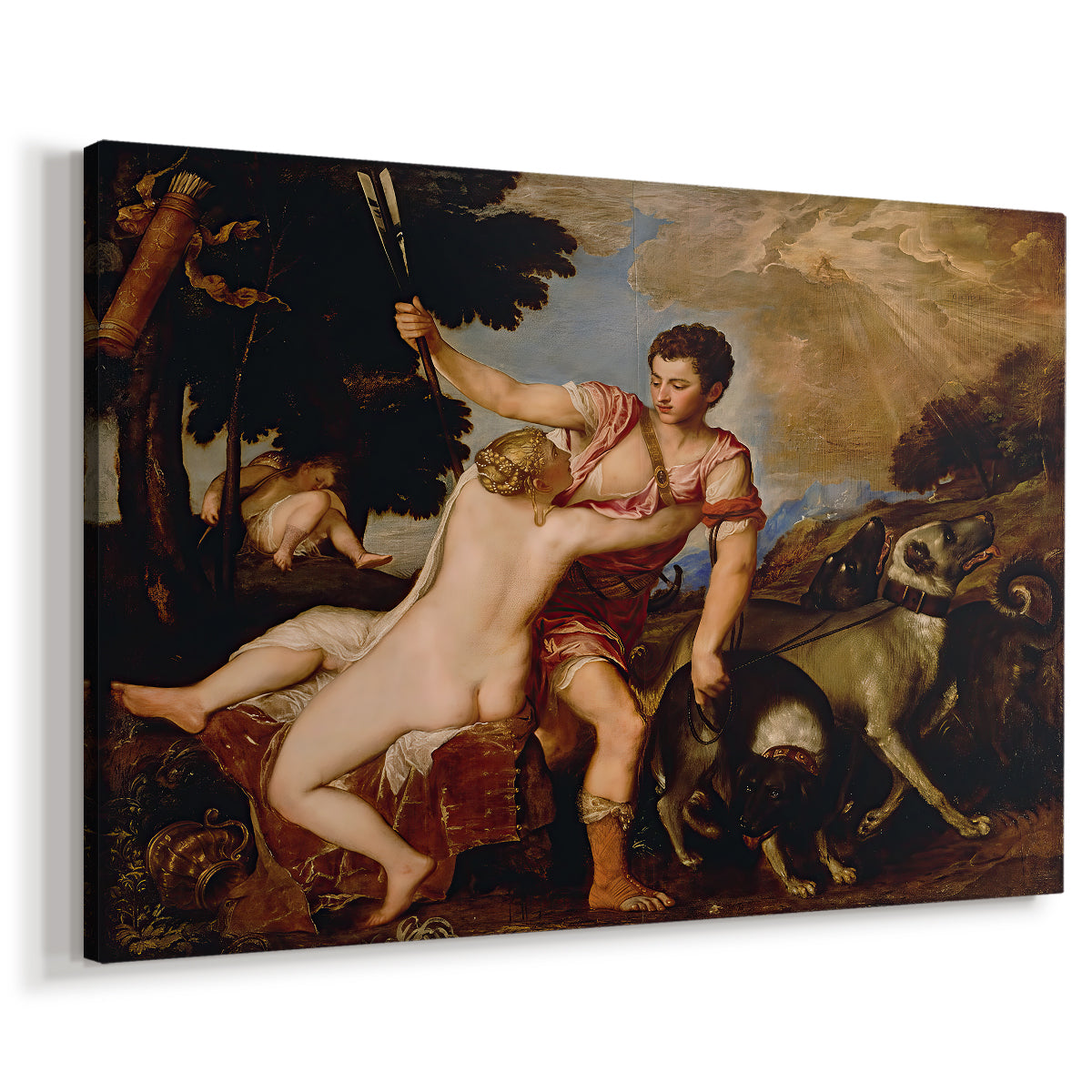 Canvas art print featuring a Renaissance outdoor scene with Venus reaching toward Adonis, displayed at an angle