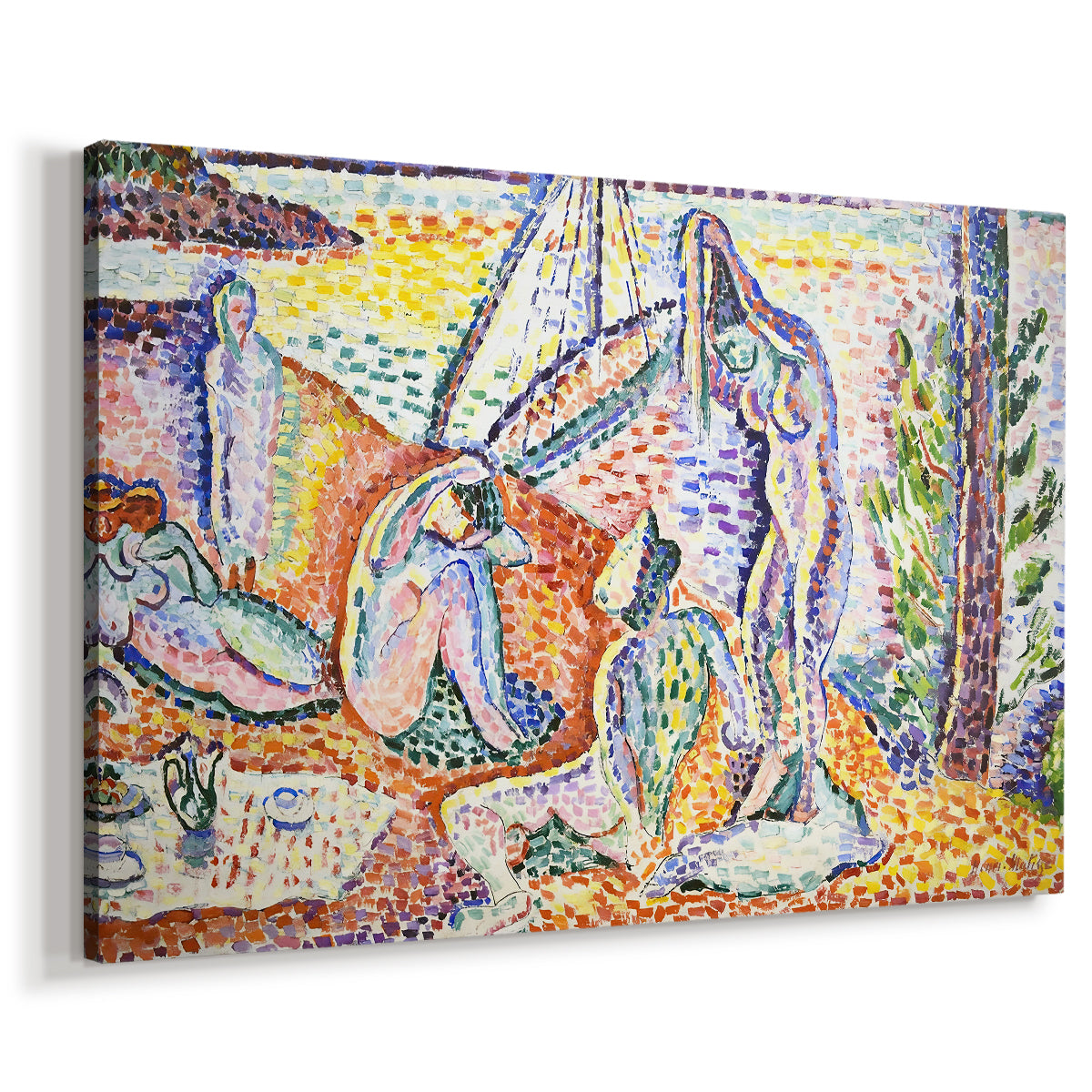 Canvas art print featuring an expressive seaside gathering with reclining and seated figures, displayed at an angle