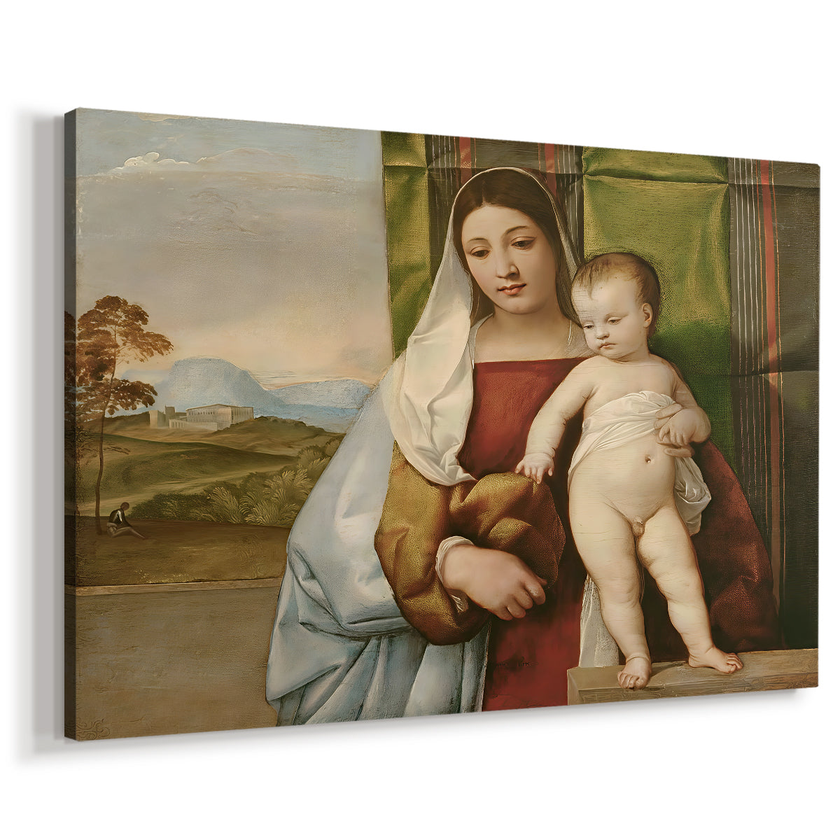 Canvas art print featuring an intimate religious scene with mother and child in natural setting, displayed at an angle