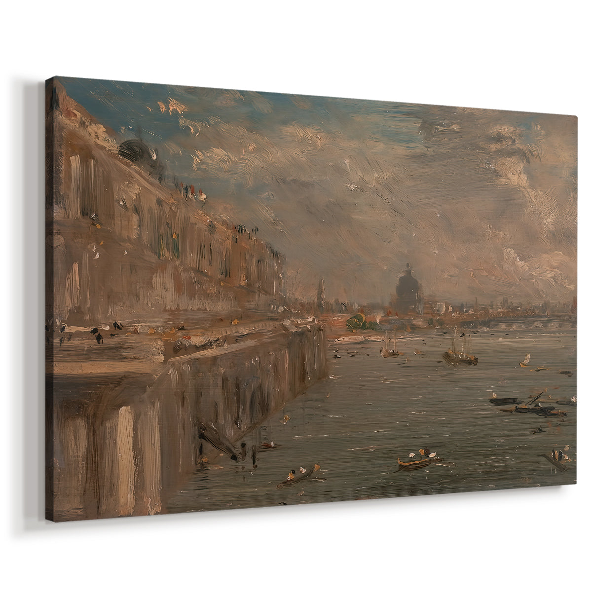 Canvas art print featuring an urban landscape with architecture and river, displayed at an angle