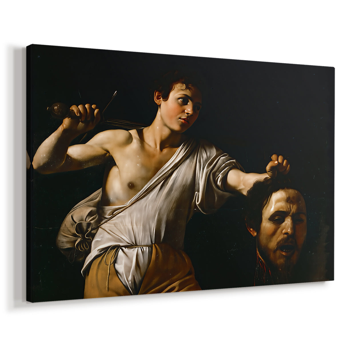 Canvas art print featuring a biblical scene of David gripping Goliath's head with dramatic lighting, displayed at an angle