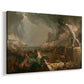 Canvas art print featuring a dramatic scene of destruction with fire and conflict, displayed at an angle
