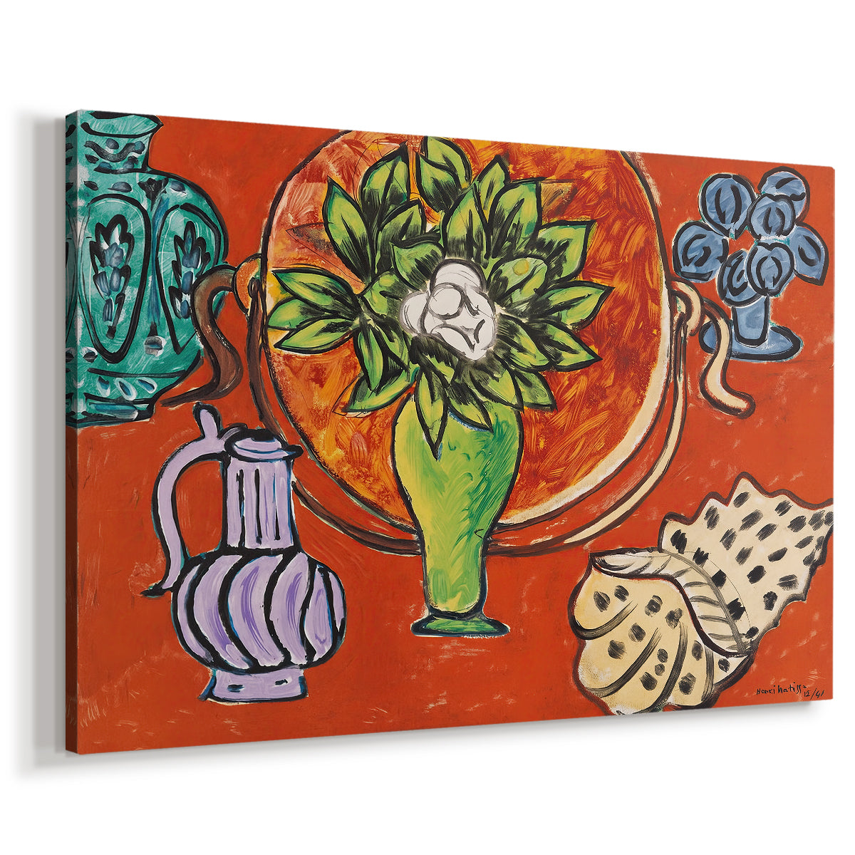 Canvas art print featuring a floral still life with magnolia blooms and decorative background, displayed at an angle