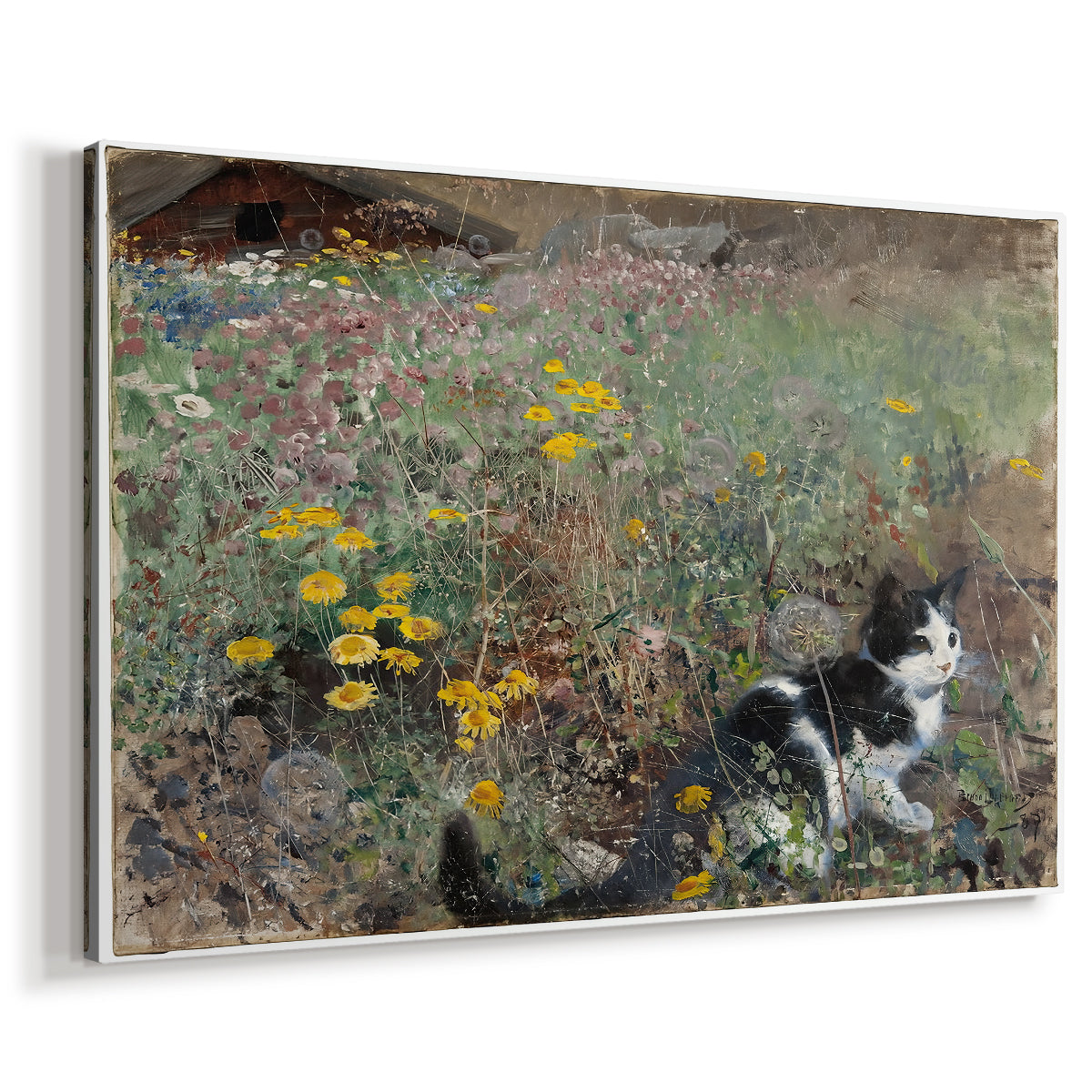 Canvas art print featuring a small cat resting among colorful flowers in grassy field, displayed at an angle