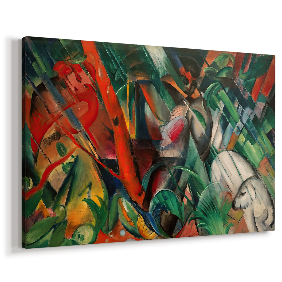 Canvas art print featuring an expressionist scene with layered shapes evoking rain and motion, displayed at an angle