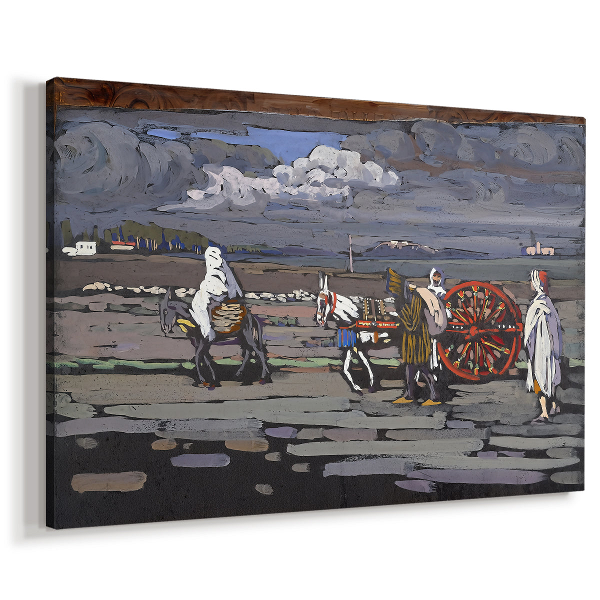 Canvas art print featuring a semi-abstract countryside view with human presence, displayed at an angle