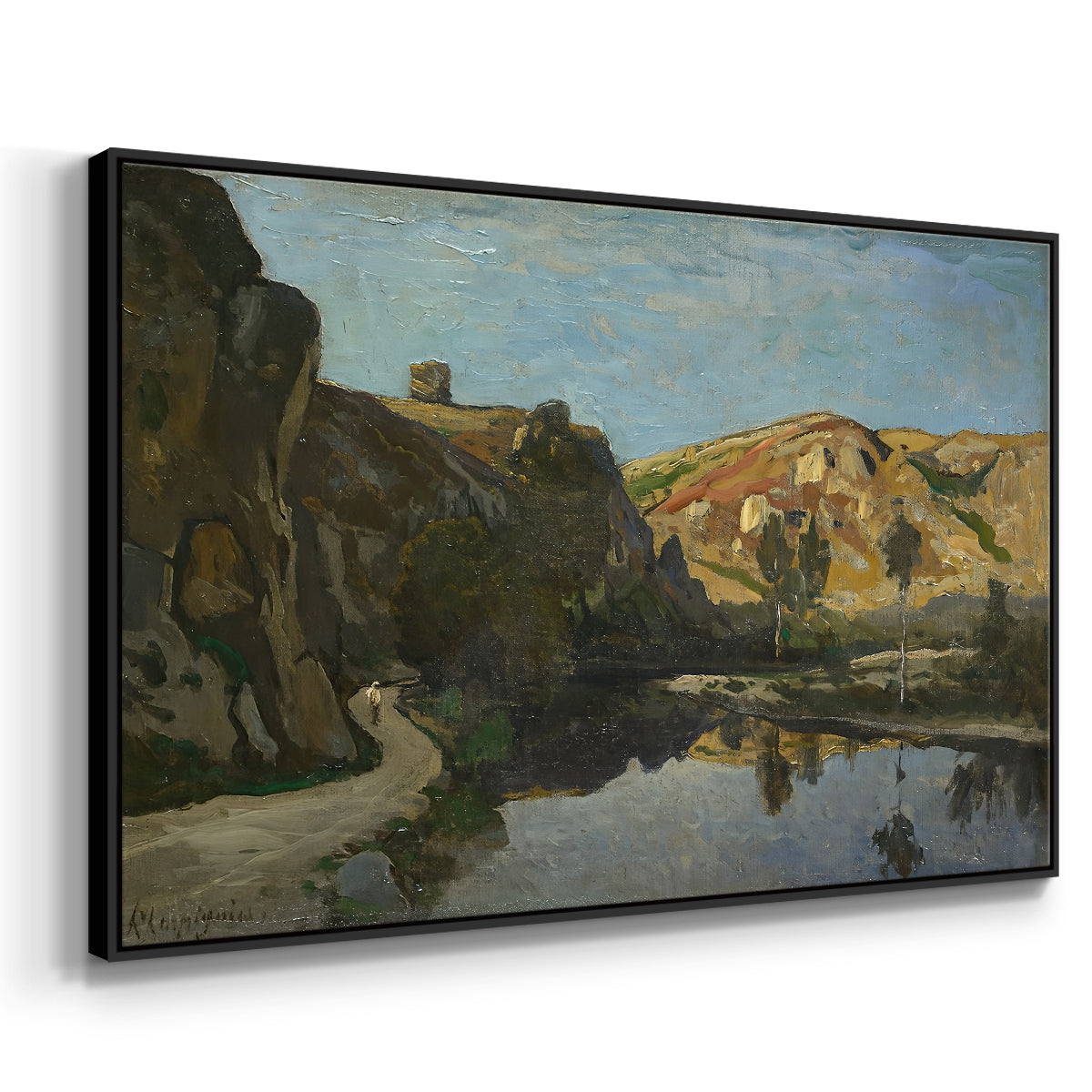 River Landscape with Cliffs, c. 1850-1860 - Floater Framed Canvas Print