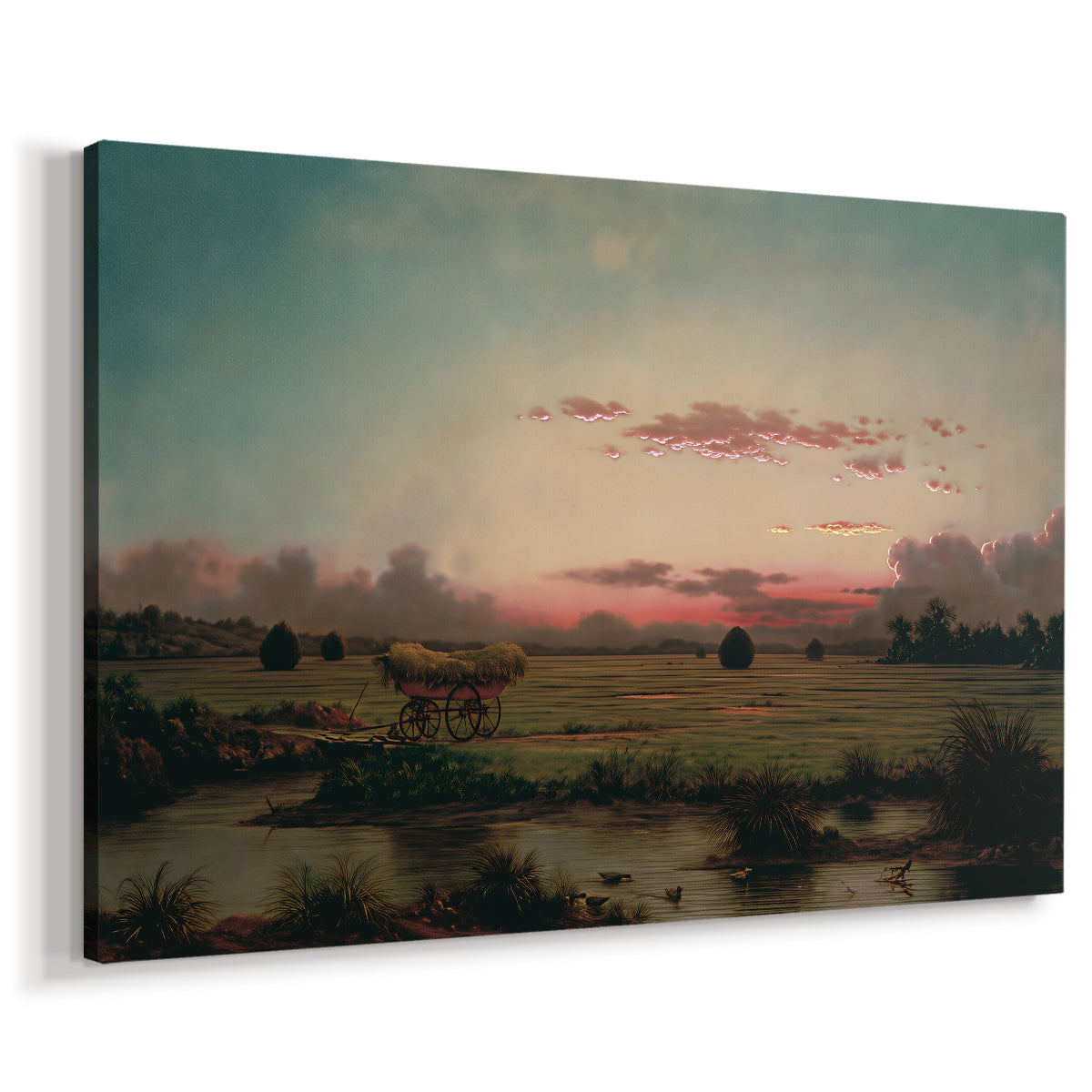 Canvas art print featuring a tranquil wetland landscape, displayed at an angle